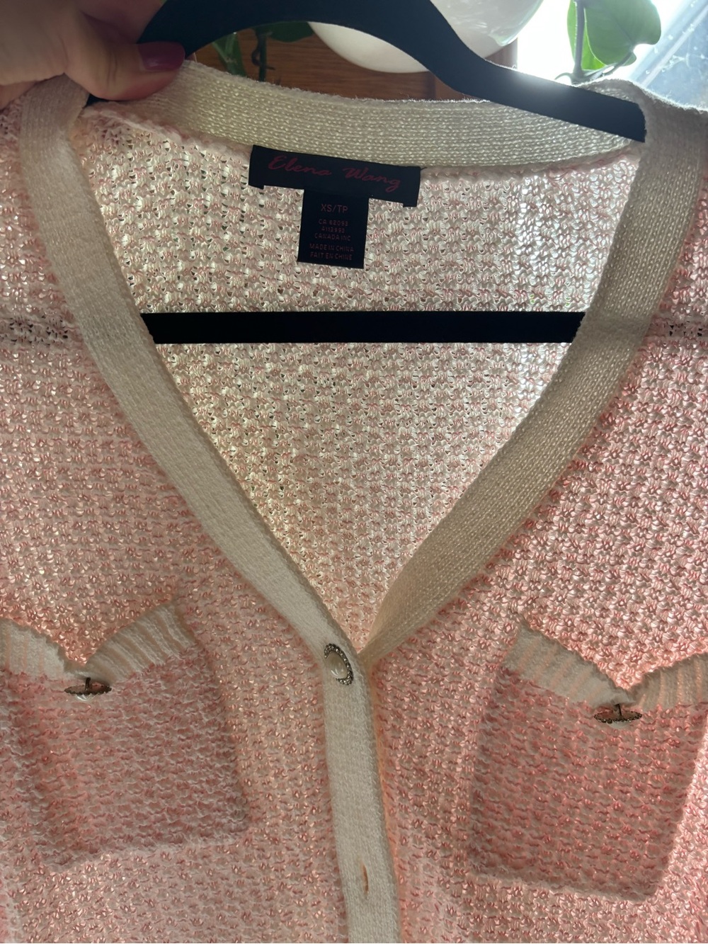 Light Pink Crochet V-Neck Cardigan with Contrast Trim - Picture 2 of 6